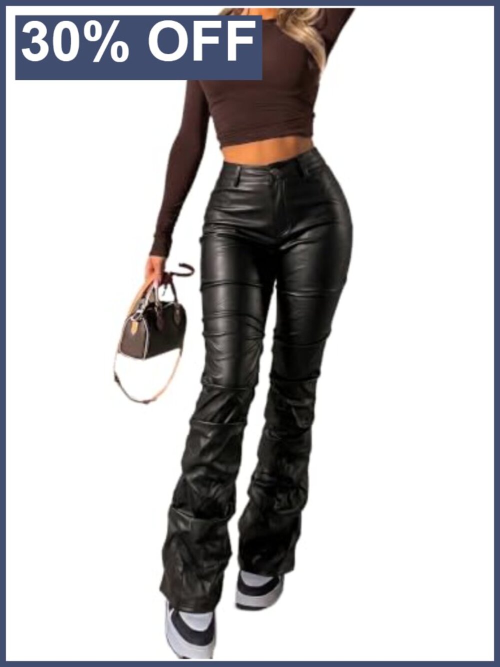 Faux Leather Pants High Waist Ruched Slim Fit
